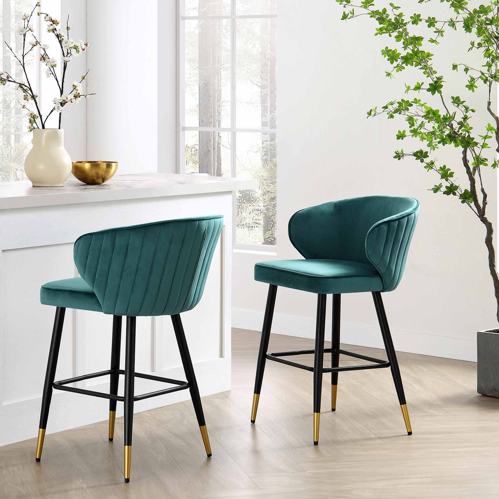 Langham Set of 2 Teal Velvet Upholstered Carver Counter Stools daals