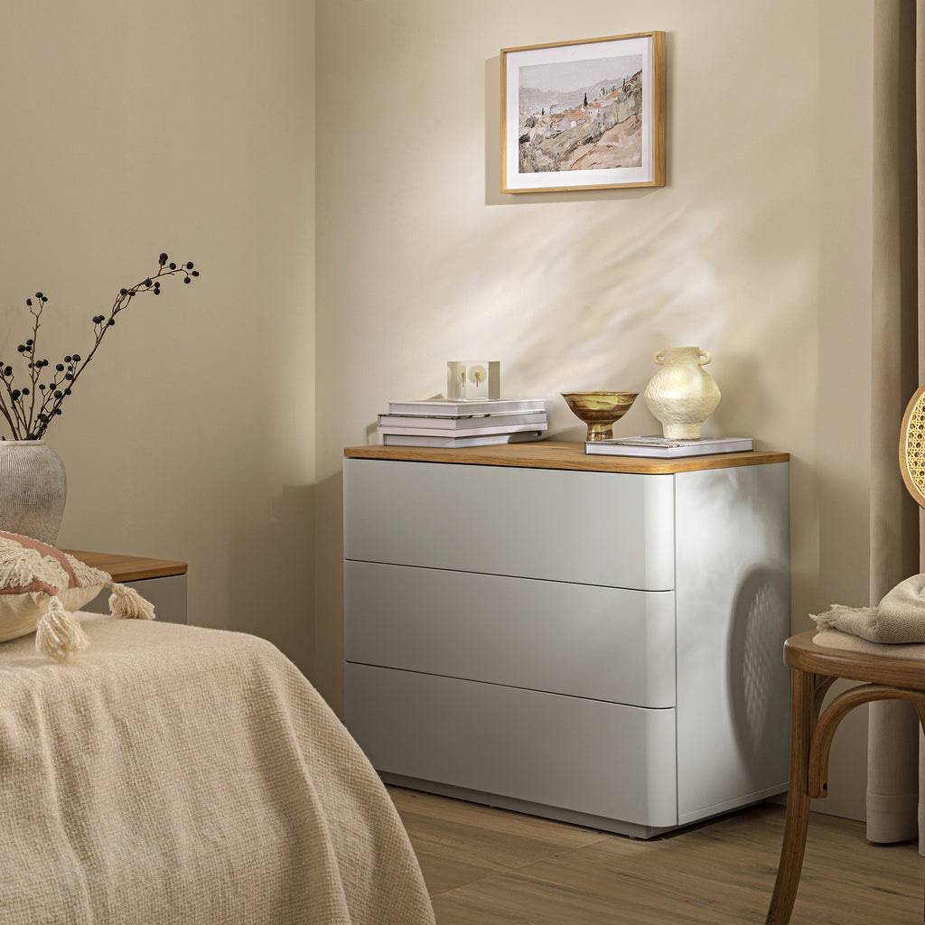 Agnes Curved Edge Chest of 3 Drawers, Dove Grey with Oak Top daals