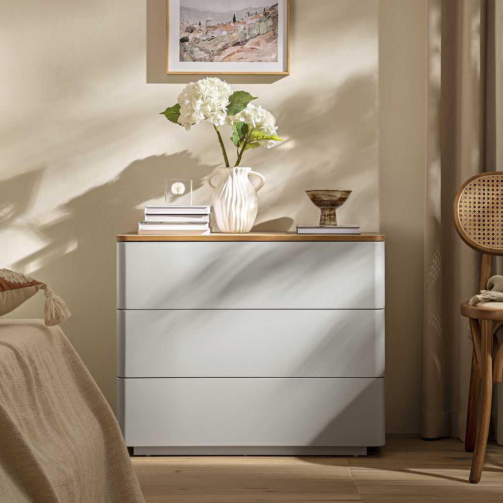 Agnes Curved Edge Chest of 3 Drawers, Dove Grey with Oak Top daals