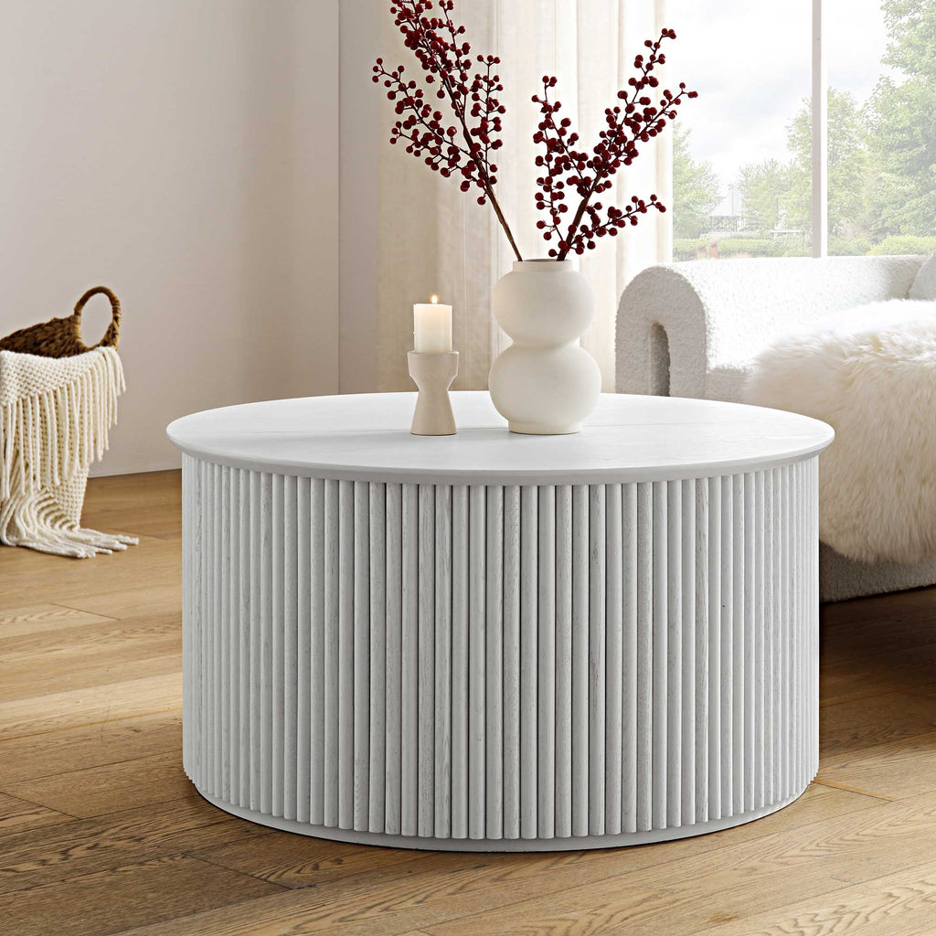 Maru Oak Round Coffee Table with Storage, Washed White | daals