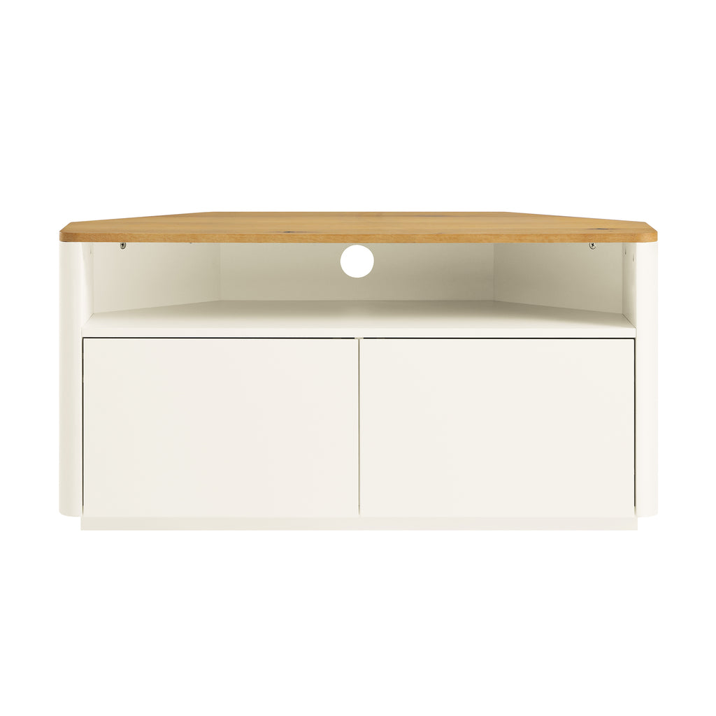 Agnes Curved Edge Corner TV Unit, Off White with Oak Top daals