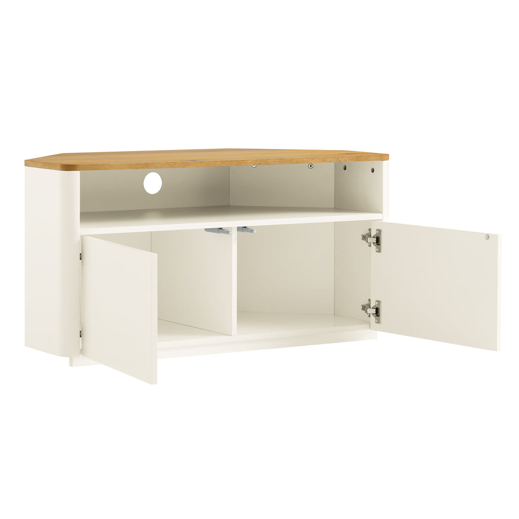 Agnes Curved Edge Corner TV Unit, Off White with Oak Top daals