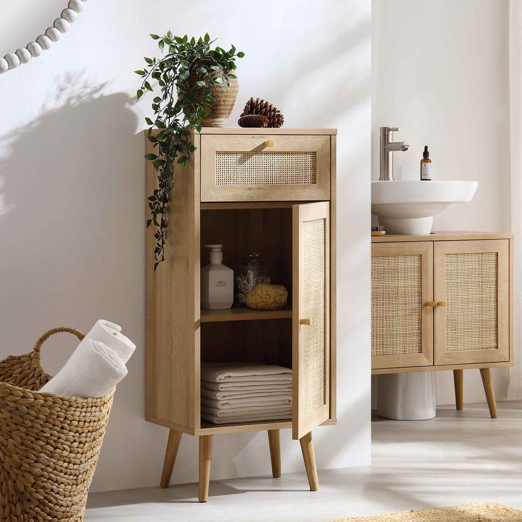 Frances Woven Rattan 1-Door Bathroom Cabinet, Natural | daals