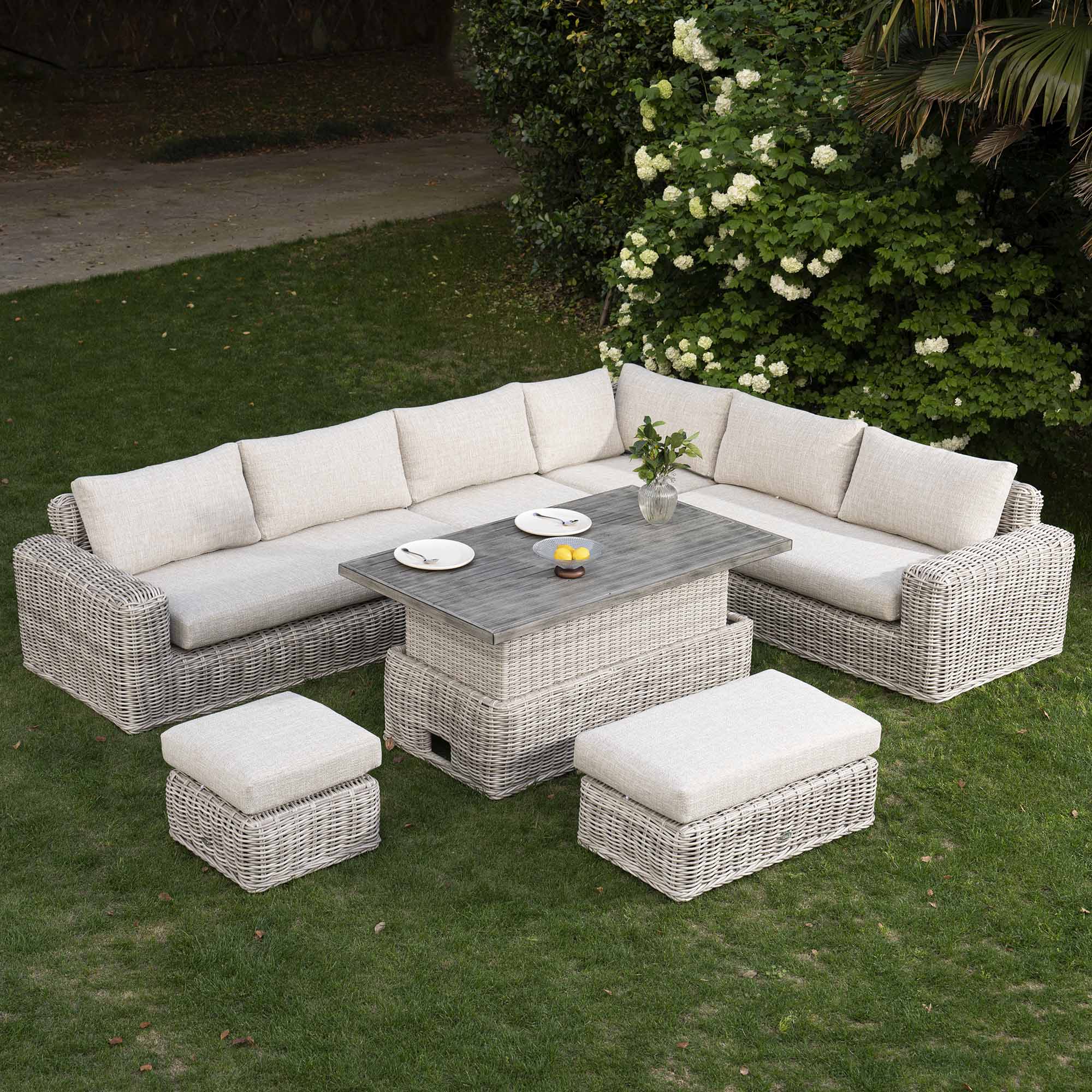 Bellagio Round Wicker Large Corner Casual Dining Set with Rising Table, Light Grey