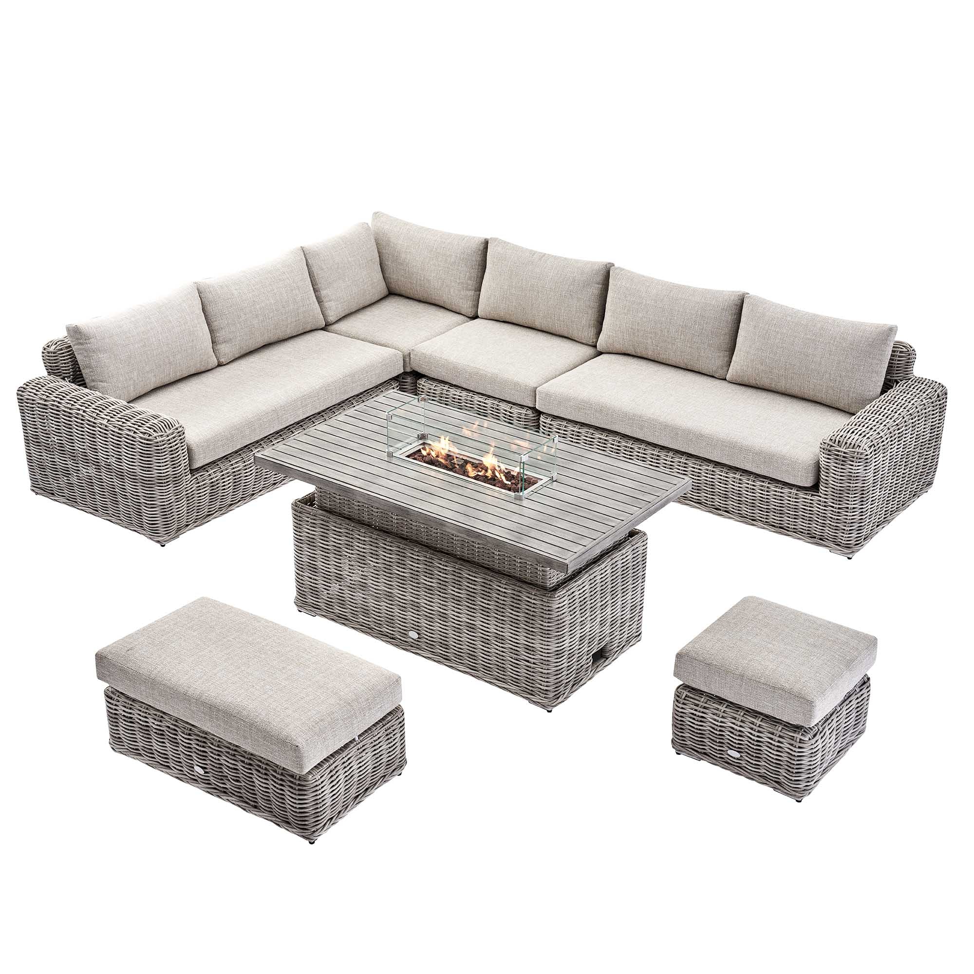 Bellagio Round Wicker Large Corner Casual Dining Set with Rising Firepit Table, Light Grey