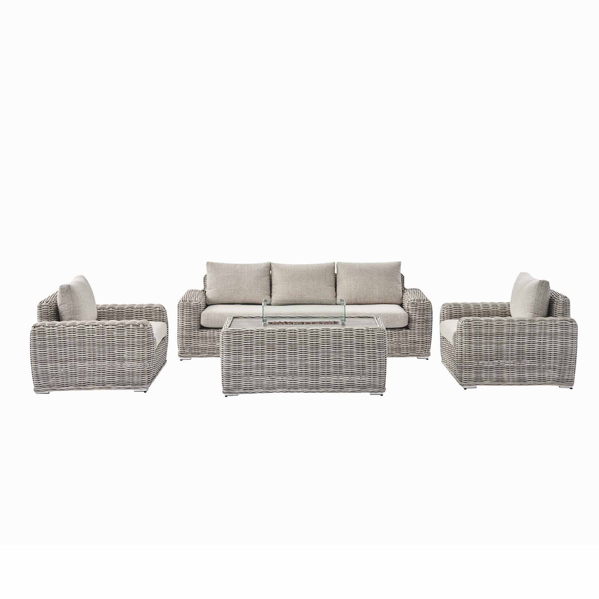Bellagio Round Wicker Sofa Set with Firepit Coffee Table, Light Grey