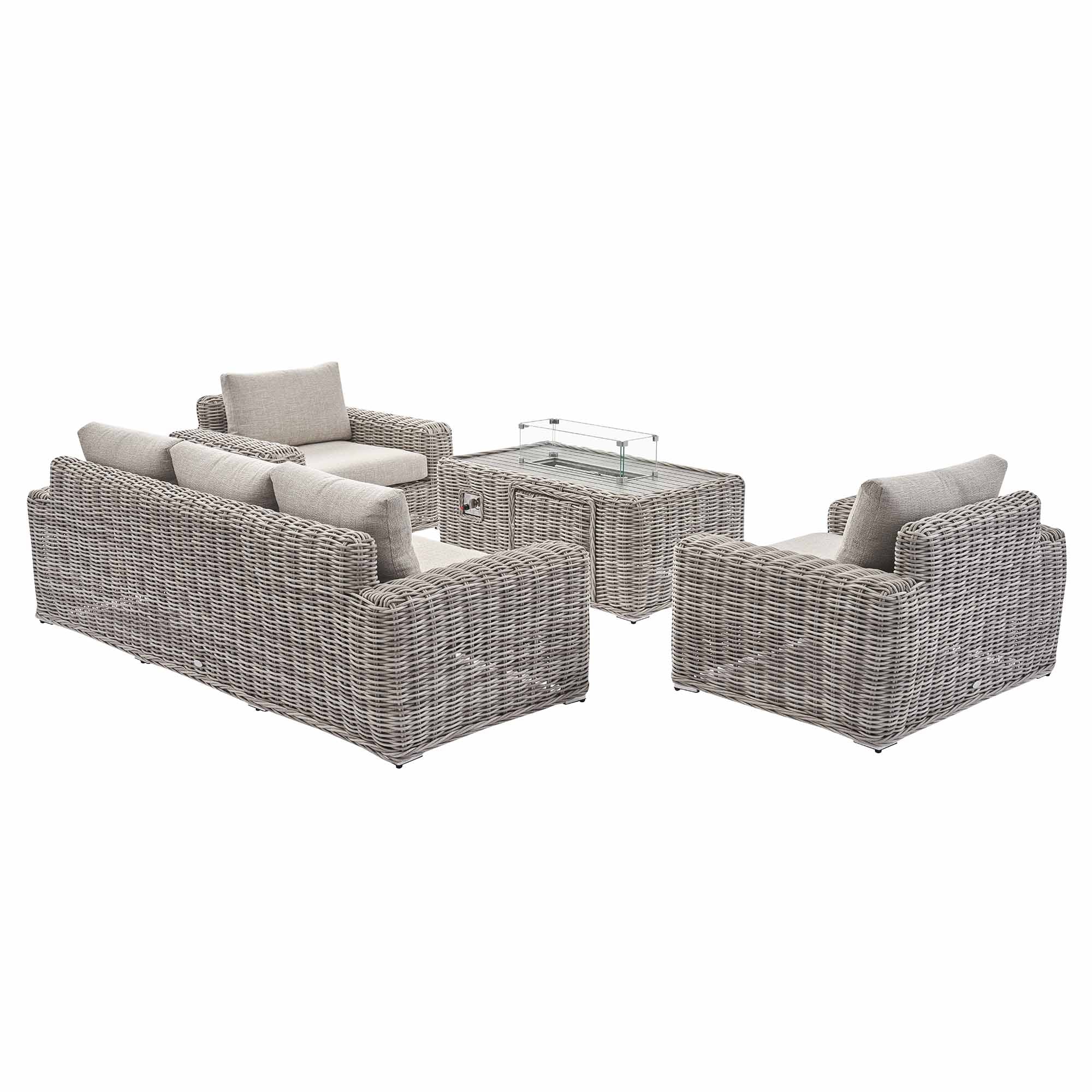 Bellagio Round Wicker Sofa Set with Firepit Coffee Table, Light Grey