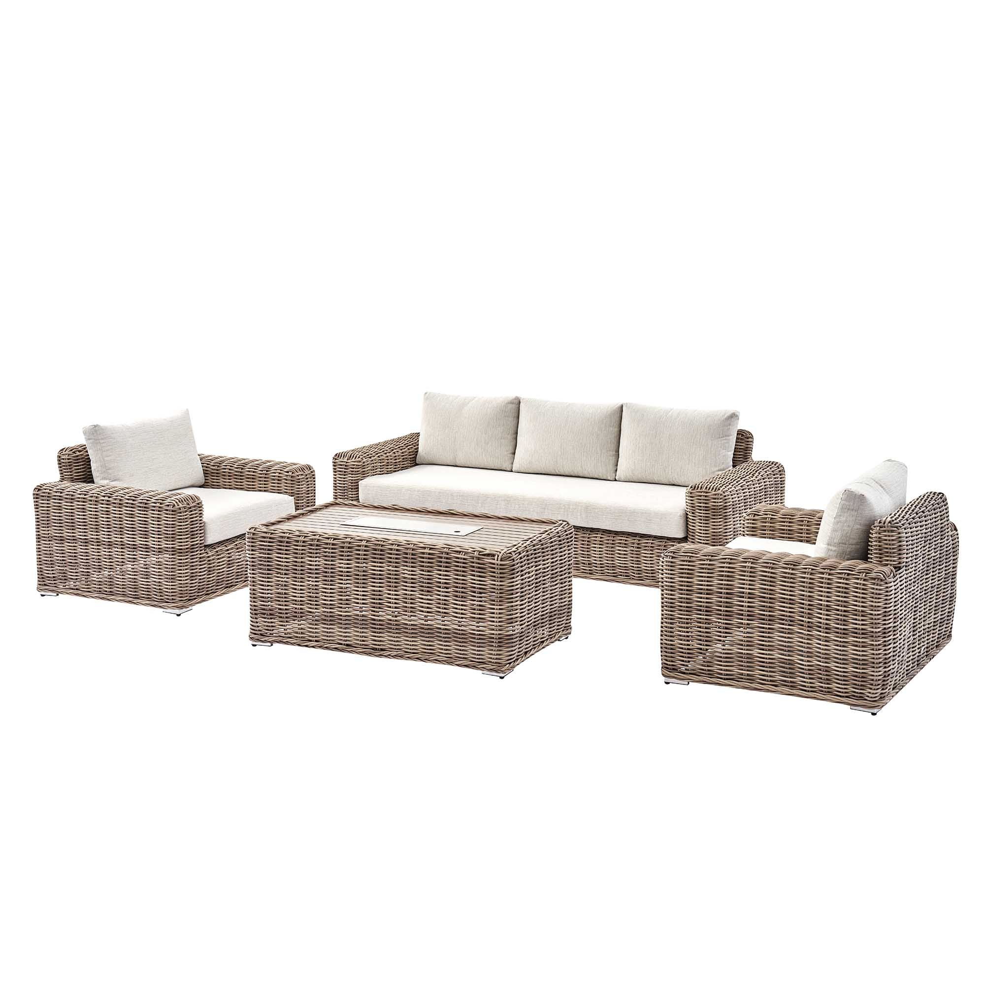 Bellagio Round Wicker Sofa Set with Firepit Coffee Table, Natural