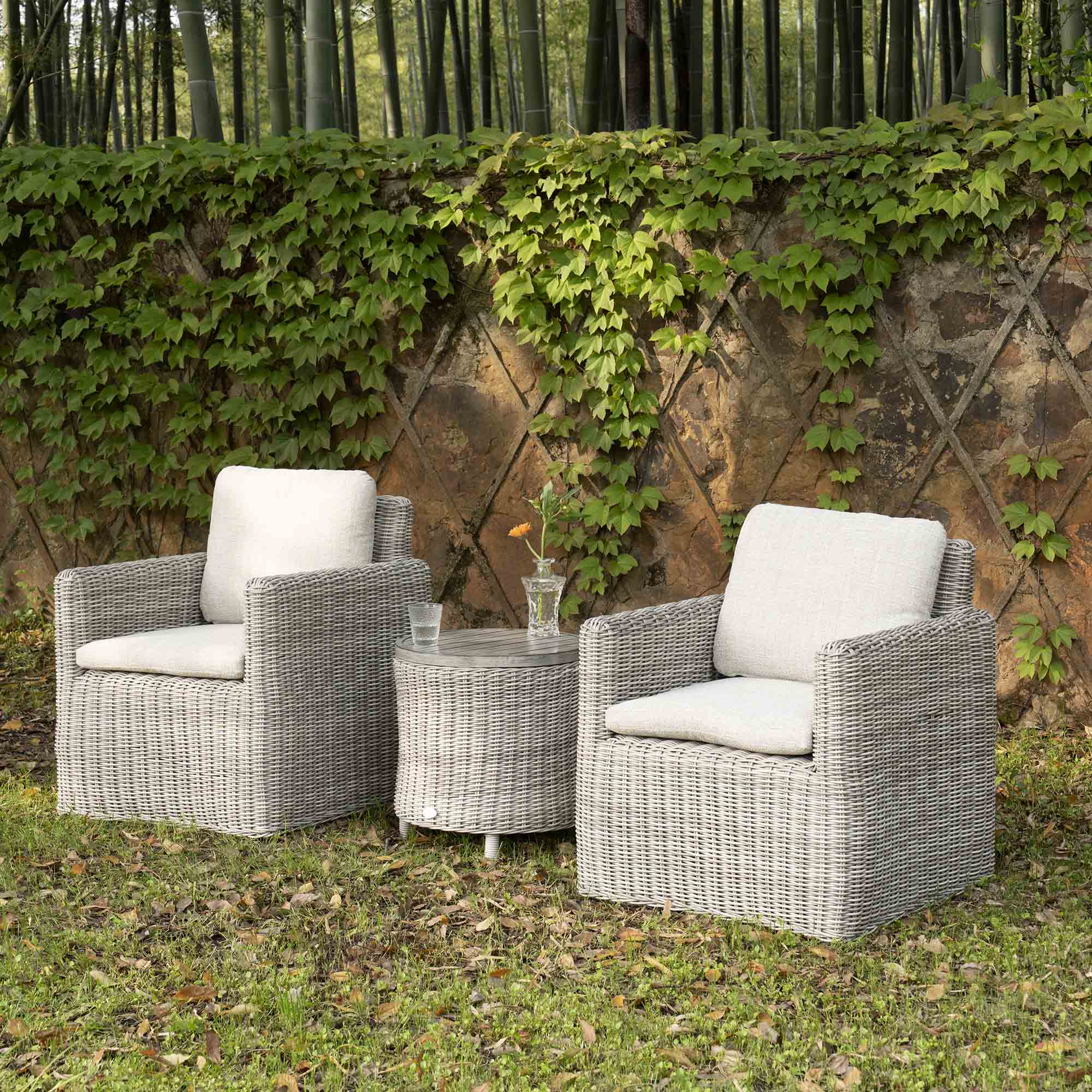 Bellagio Round Wicker Bistro Set with Rising Side Table, Light Grey