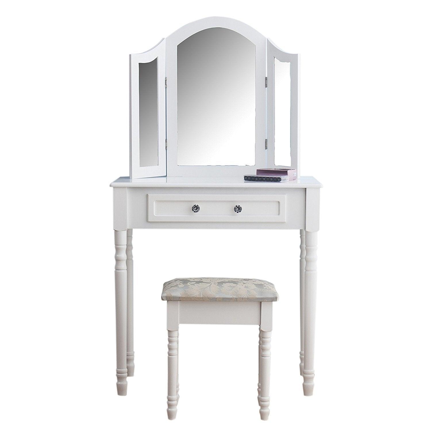 1-Drawer White Dressing Table Set with Stool & Triple Mirror