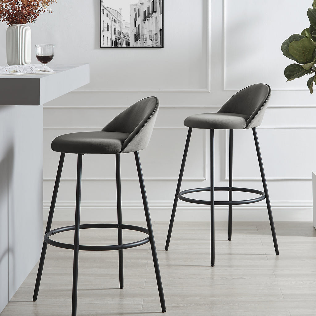 Barton Set of Grey Velvet Upholstered Bar Stools with Contrast