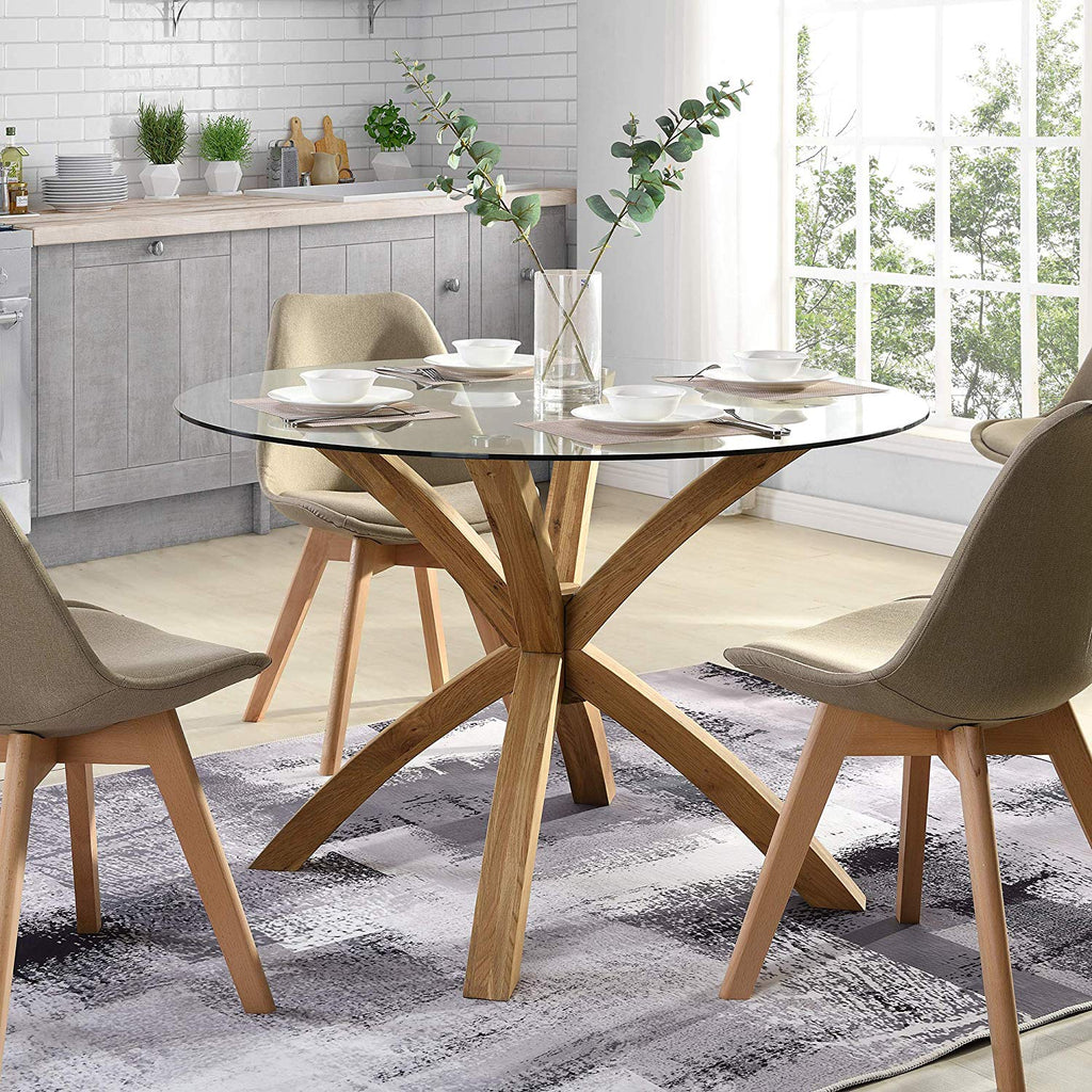 Lugano 110cm Round Glass Top Solid Oak Legs Dining Table daals