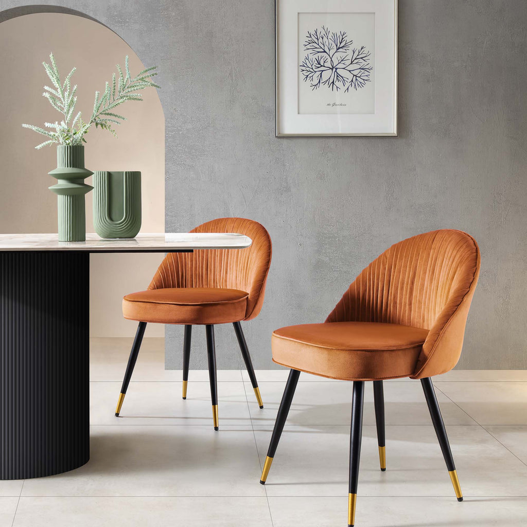 Miyae Set of 2 Pleated Burnt Orange Velvet Upholstered Dining Chairs ...
