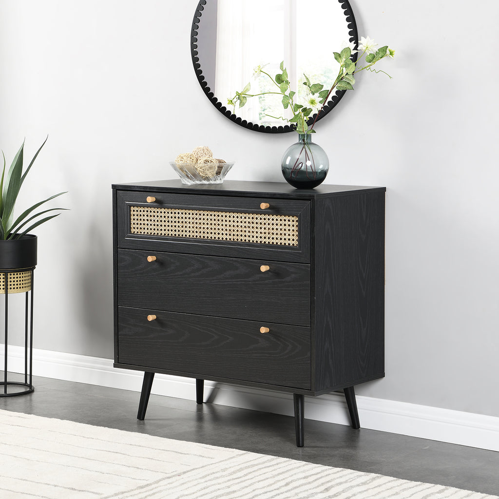 Anya Woven Rattan Chest of 3 Drawer in Black Colour daals