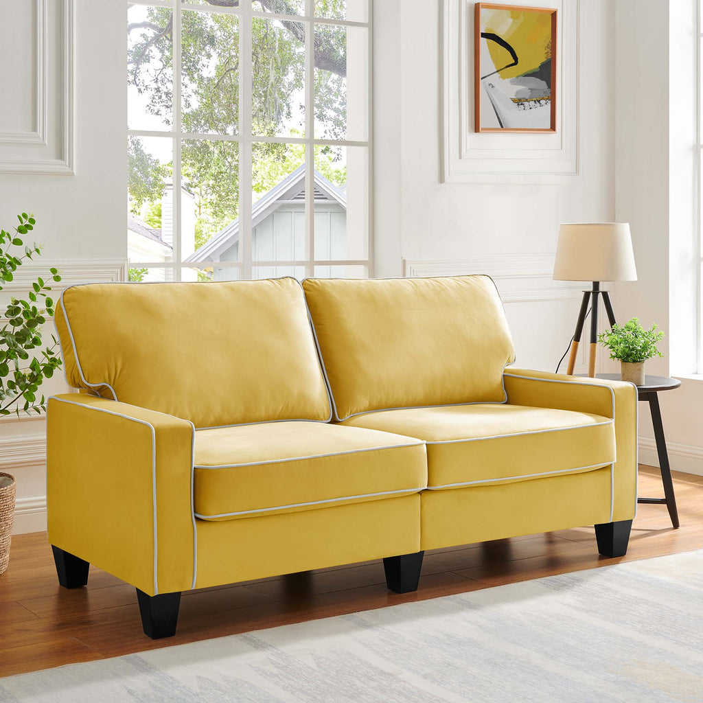 Sherbrook Large 2Seater Mustard Yellow Velvet Sofa with Contrasting P