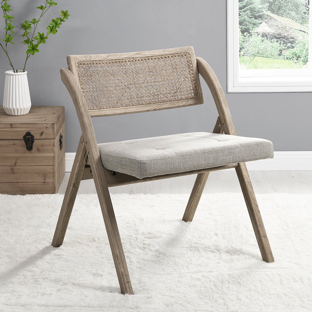Bordon Natural Cane Rattan Folding Chair with Grey Upholstered
