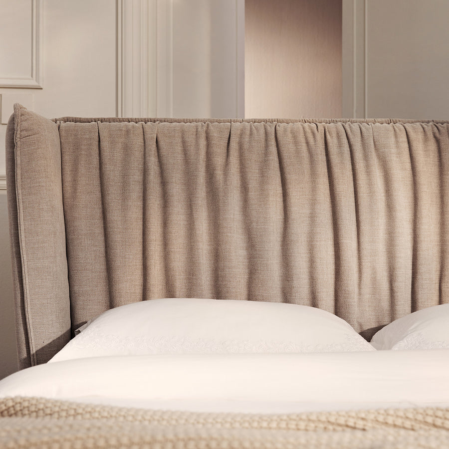 Astrid Ruched Wingback Bed, Oatmeal Chenille