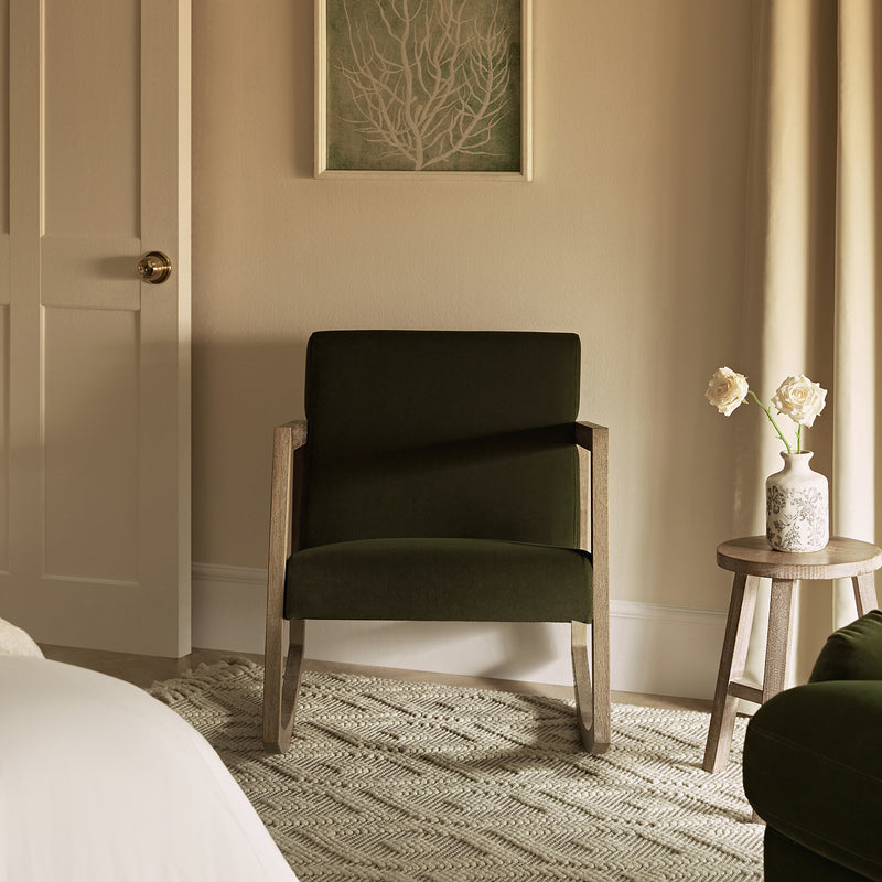 Fyne Moss Green Velvet Rocking Weathered Oak Armchair