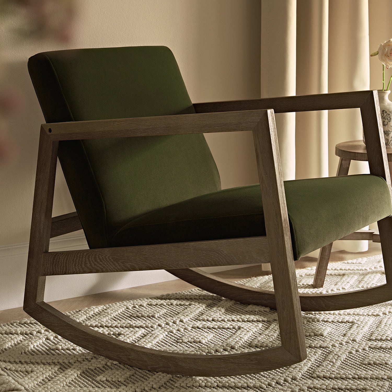 Fyne Moss Green Velvet Rocking Weathered Oak Armchair