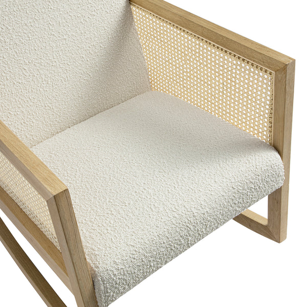 Fyne Ecru Boucle Rocking Natural Oak Armchair with Rattan Armrests