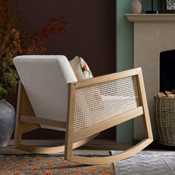 Fyne Ecru Boucle Rocking Natural Oak Armchair with Rattan Armrests