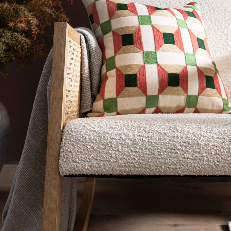 Fyne Ecru Boucle Rocking Natural Oak Armchair with Rattan Armrests