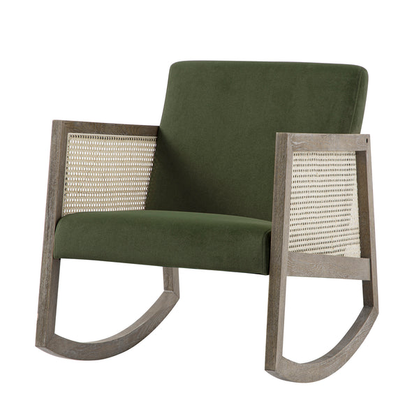 Fyne Moss Green Velvet Rocking Weathered Oak Armchair with Rattan Armrests - daals