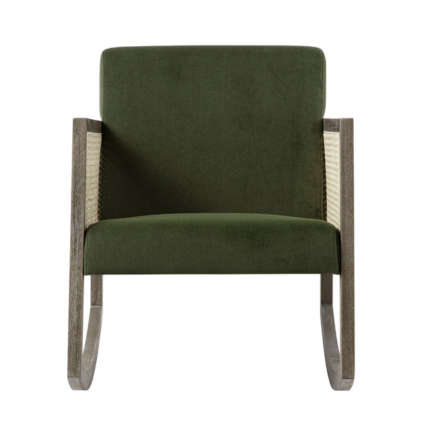 Fyne Moss Green Velvet Rocking Weathered Oak Armchair with Rattan Armrests