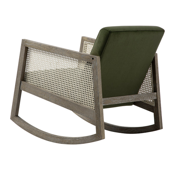 Fyne Moss Green Velvet Rocking Weathered Oak Armchair with Rattan Armrests