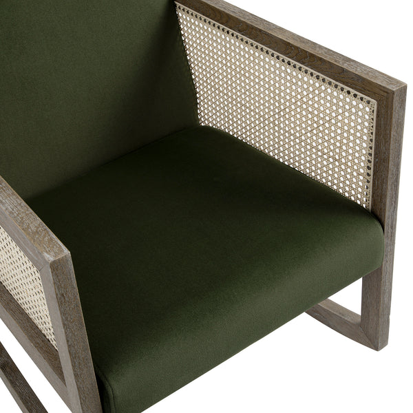 Fyne Moss Green Velvet Rocking Weathered Oak Armchair with Rattan Armrests