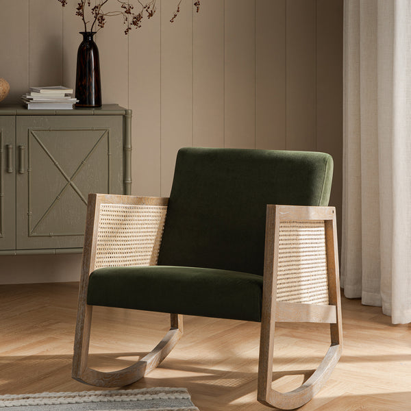 Fyne Moss Green Velvet Rocking Weathered Oak Armchair with Rattan Armrests - daals