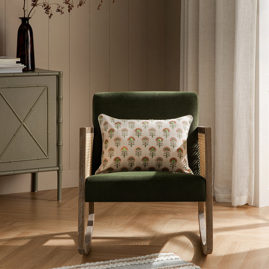 Fyne Moss Green Velvet Rocking Weathered Oak Armchair with Rattan Armrests
