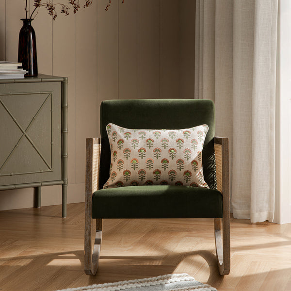 Fyne Moss Green Velvet Rocking Weathered Oak Armchair with Rattan Armrests - daals