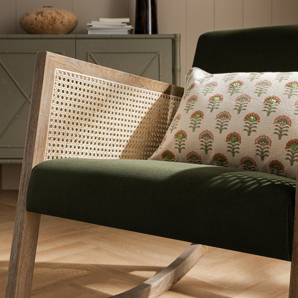 Fyne Moss Green Velvet Rocking Weathered Oak Armchair with Rattan Armrests - daals