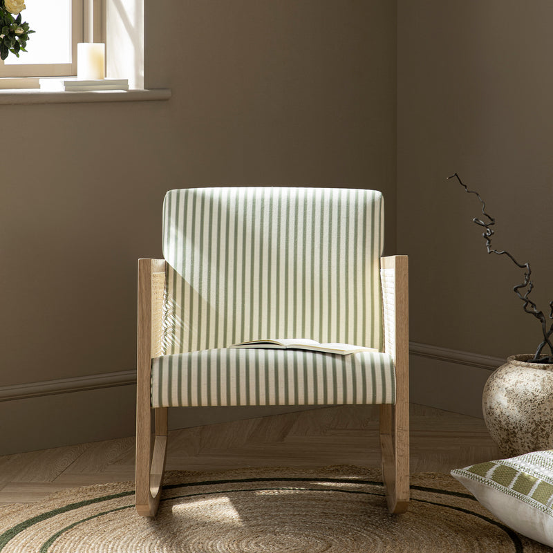 Fyne Sage Striped Linen Blend Natural Oak Armchair with Rattan Armrests