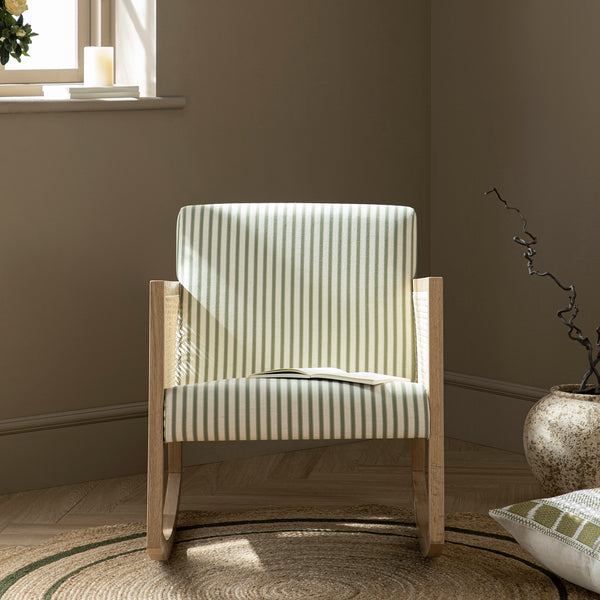 Fyne Sage Striped Linen Blend Natural Oak Armchair with Rattan Armrests