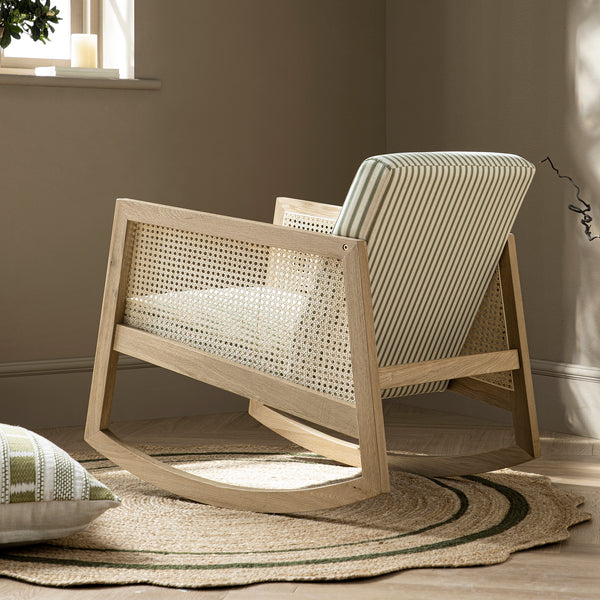 Fyne Sage Striped Linen Blend Natural Oak Armchair with Rattan Armrests