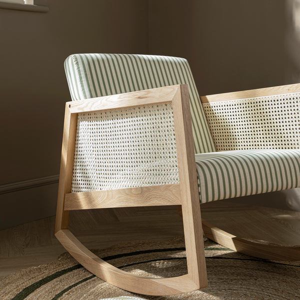 Fyne Sage Striped Linen Blend Natural Oak Armchair with Rattan Armrests