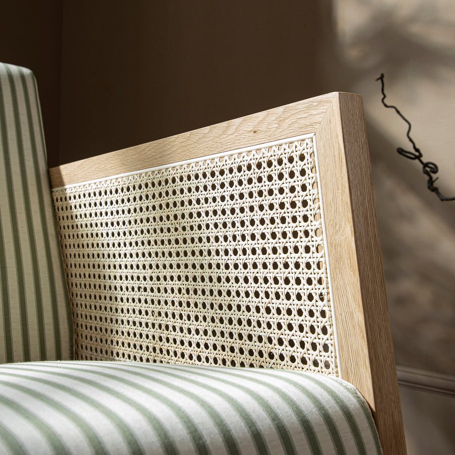 Fyne Sage Striped Linen Blend Natural Oak Armchair with Rattan Armrests
