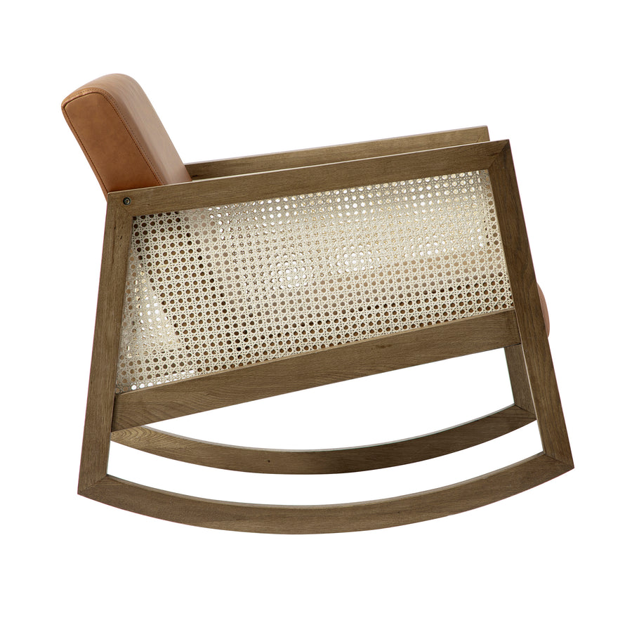 Fyne Tan Faux Leather Rocking Light Walnut Armchair with Rattan Armrests