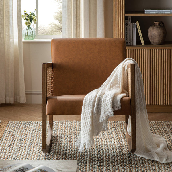 Fyne Tan Faux Leather Rocking Light Walnut Armchair with Rattan Armrests