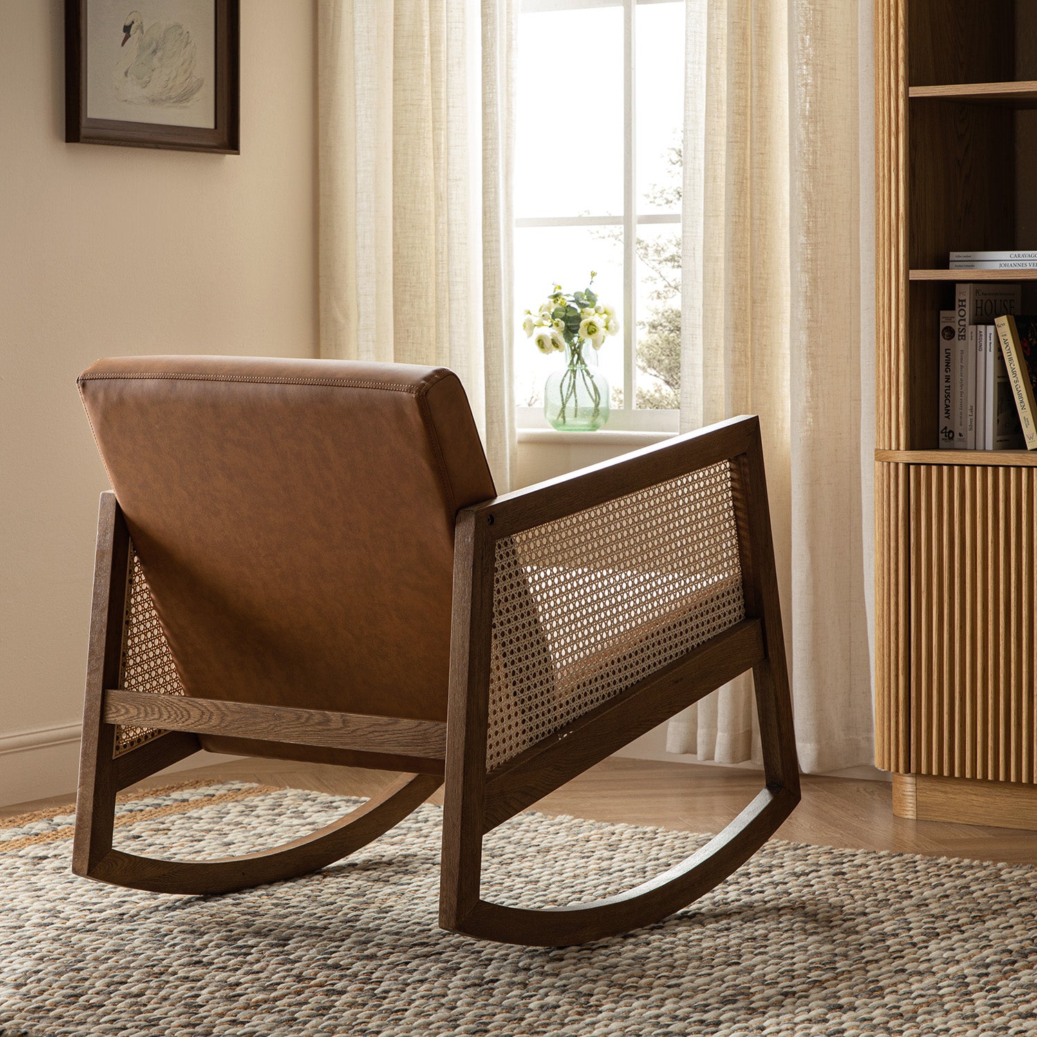 Fyne Tan Faux Leather Rocking Light Walnut Armchair with Rattan Armrests