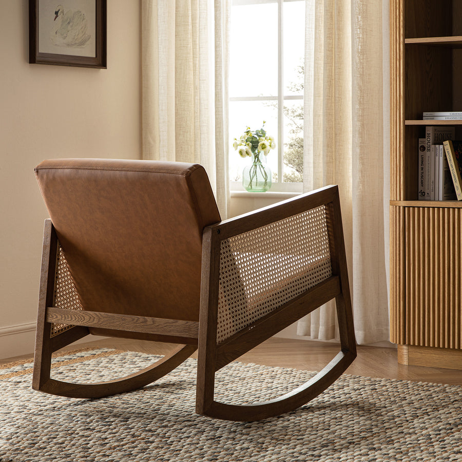 Fyne Tan Faux Leather Rocking Light Walnut Armchair with Rattan Armrests