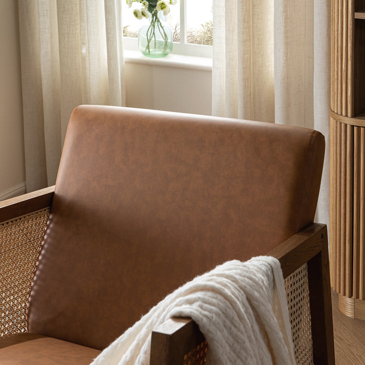 Fyne Tan Faux Leather Rocking Light Walnut Armchair with Rattan Armrests