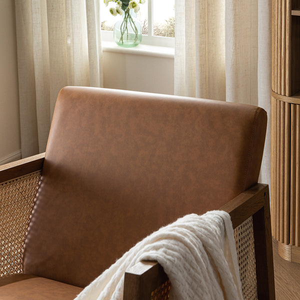 Fyne Tan Faux Leather Rocking Light Walnut Armchair with Rattan Armrests