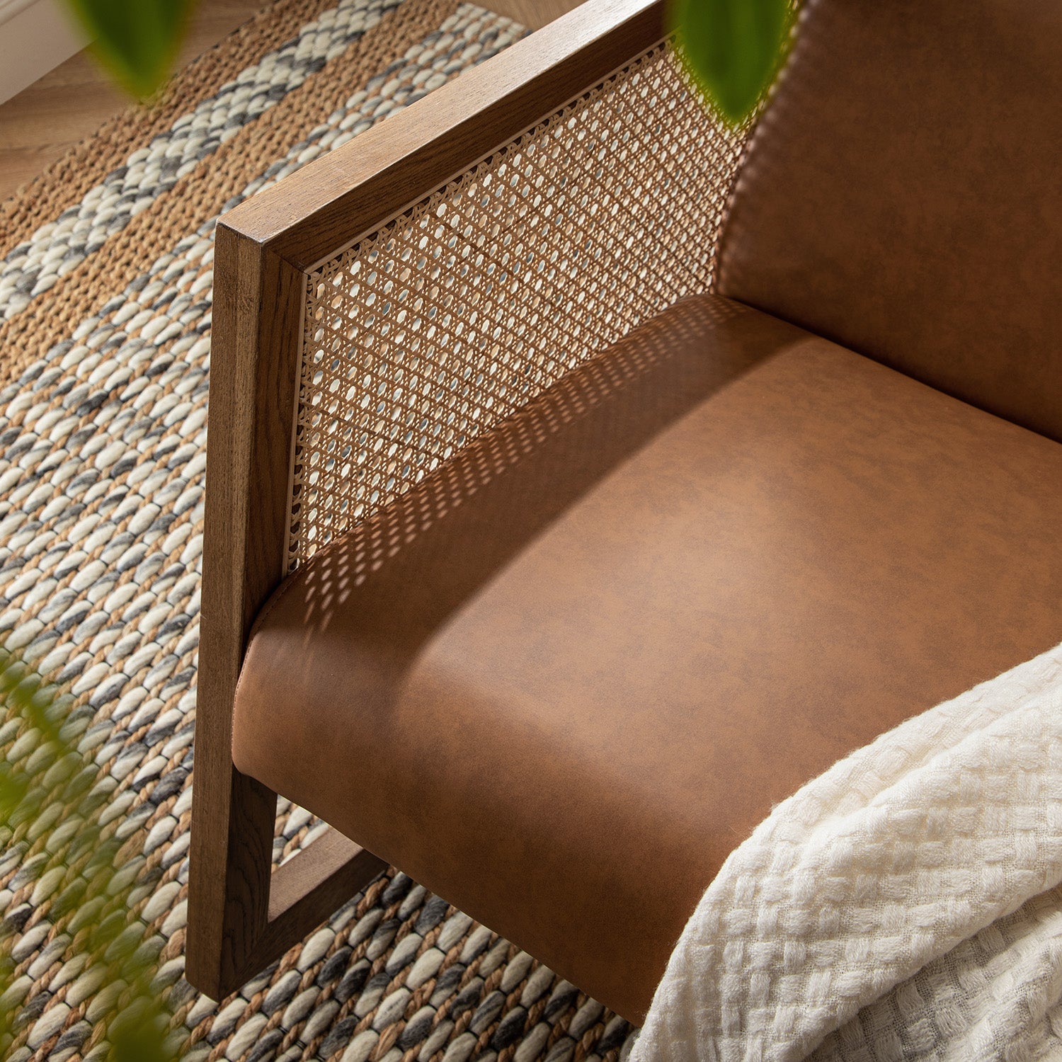 Fyne Tan Faux Leather Rocking Light Walnut Armchair with Rattan Armrests