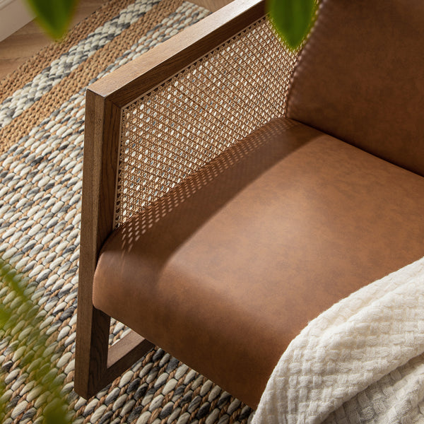 Fyne Tan Faux Leather Rocking Light Walnut Armchair with Rattan Armrests