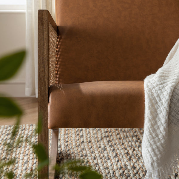Fyne Tan Faux Leather Rocking Light Walnut Armchair with Rattan Armrests