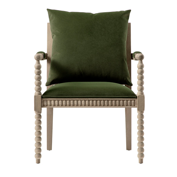 Hemingford Moss Green Velvet Bobbin Washed Oak Armchair - daals