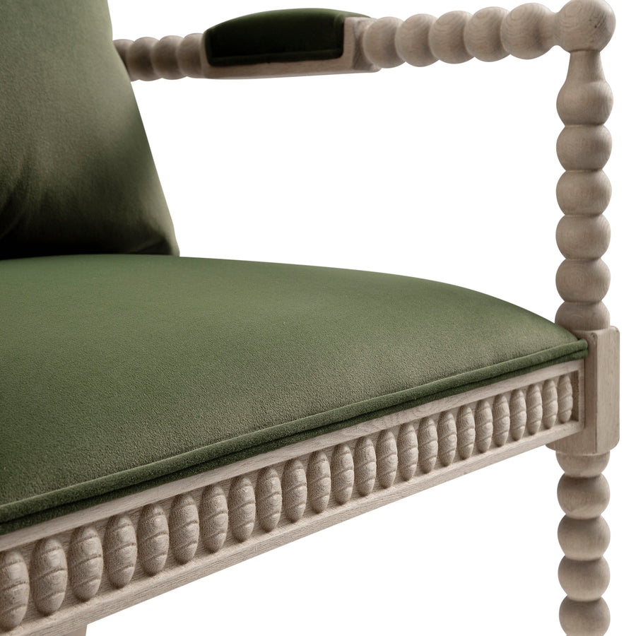 Hemingford Moss Green Velvet Bobbin Washed Oak Armchair